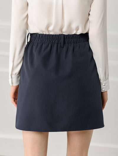Work Office Belted Elastic Waist Back Mini Skirt with Pockets