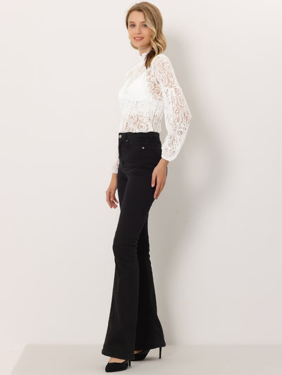 Floral Lace Top Turtleneck Puff Long Sleeve See Through Sheer Blouse