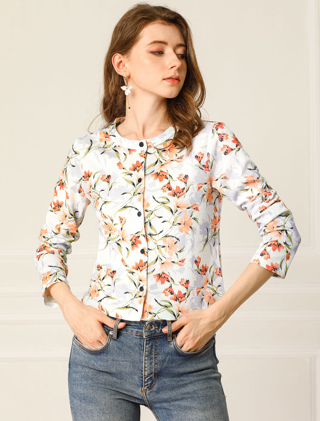Allegra K Long Sleeve Button Down Lightweight Floral Printed Jacket