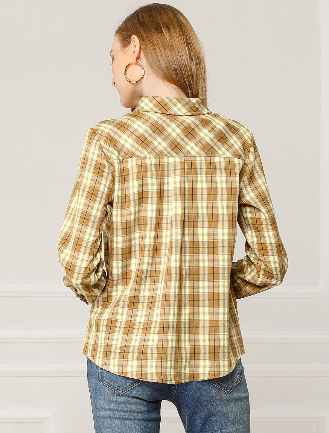 Allegra K Button Up Classic Plaid Long Sleeve Lapel Shirt