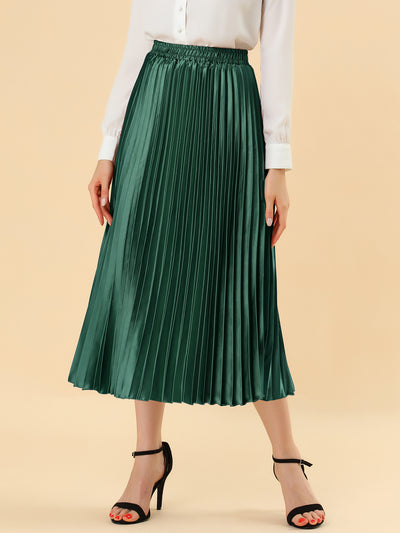 Party Elastic Waist Metallic Shiny Pleated Midi Skirt