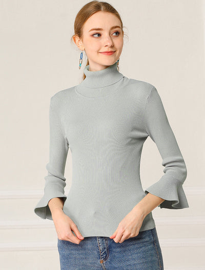 Ruffled 3/4 Sleeve Turtleneck Knitted Pullover Sweater