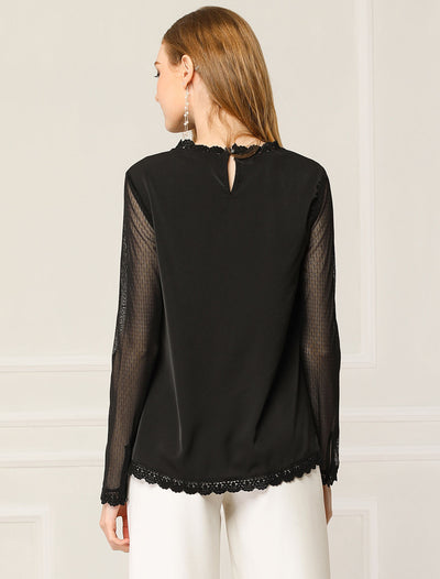 Lace Mesh Long Sleeve Top Round Neck Casual Elegant Blouse