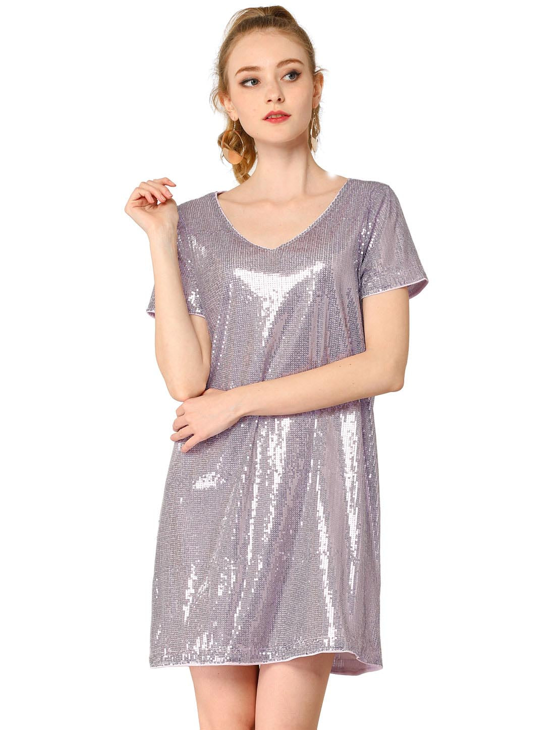 Allegra K Sequin Metallic Shiny Sparkle V Neck Party Club Mini Dress