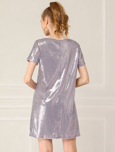Sequin Metallic Shiny Sparkle V Neck Party Club Mini Dress