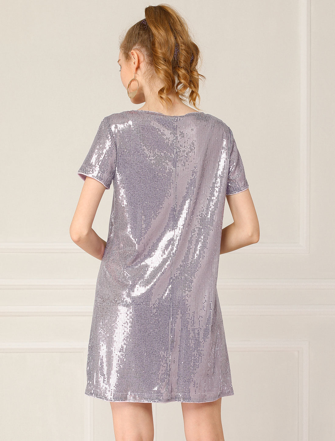Allegra K Sequin Metallic Shiny Sparkle V Neck Party Club Mini Dress