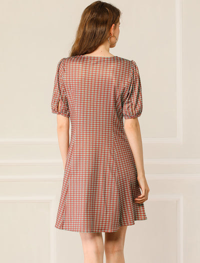 Plaid Lantern Sleeve V Neck Button Decor A-Line Mini Dress