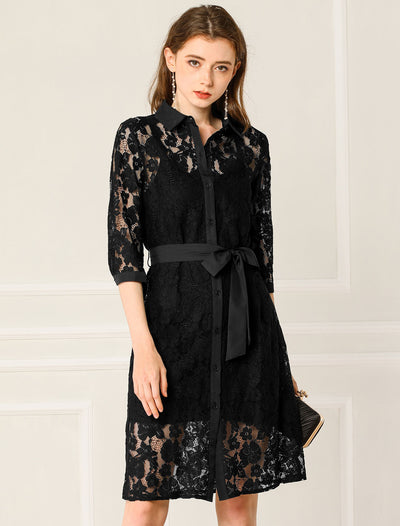 Collared 3/4 Sleeve Button Down Semi Sheer Belted Lace Floral Dress