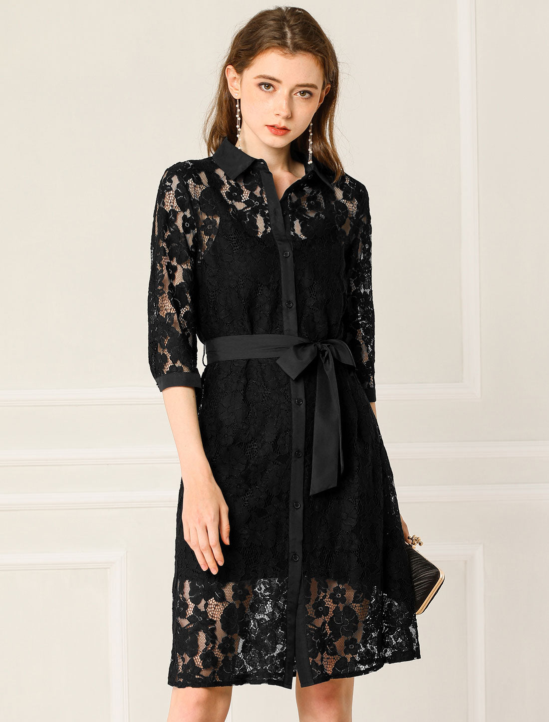 Allegra K Collared 3/4 Sleeve Button Down Semi Sheer Belted Lace Floral Dress