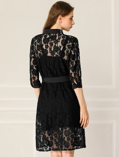 Collared 3/4 Sleeve Button Down Semi Sheer Belted Lace Floral Dress