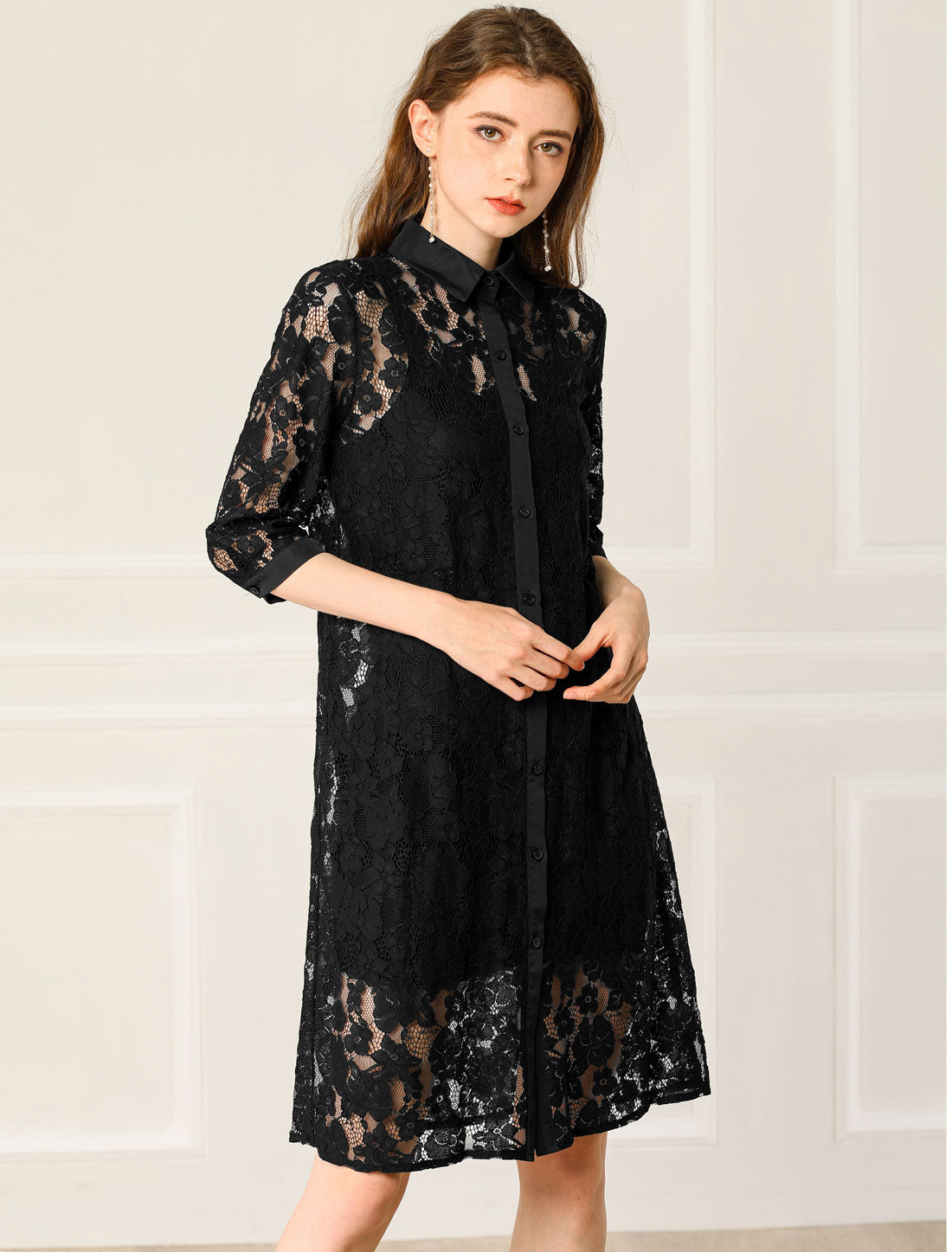 Allegra K Collared 3/4 Sleeve Button Down Semi Sheer Belted Lace Floral Dress