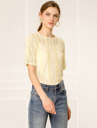 Allegra K Floral Lace Semi Sheer Short Sleeve Vintage Tops Shirt