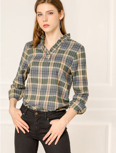 Ruffle Collar Cotton Blouse Plaid Shirt Long Sleeve V Neck Tops
