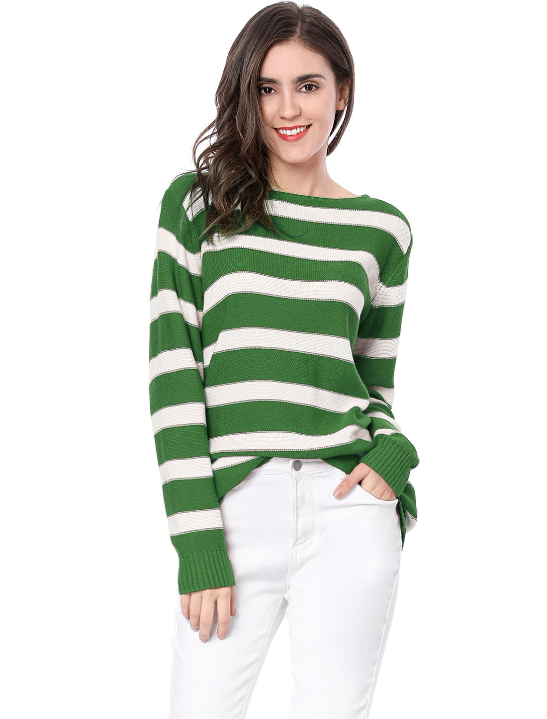 Allegra K Round Neck Drop Shoulder Color Block Tunic Striped Sweater