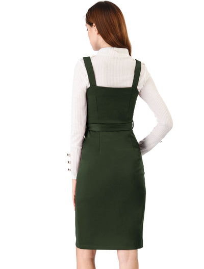 Classic Button Front Sleeveless Tie Waist Pinafore Overall Dress