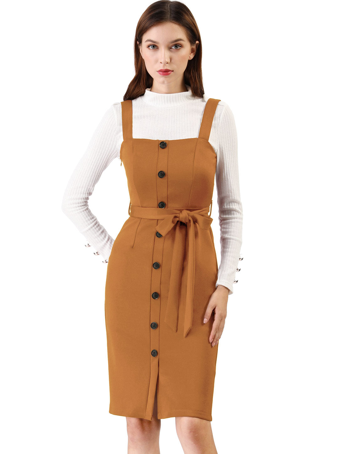 Allegra K Classic Button Front Sleeveless Tie Waist Pinafore Overall Dress