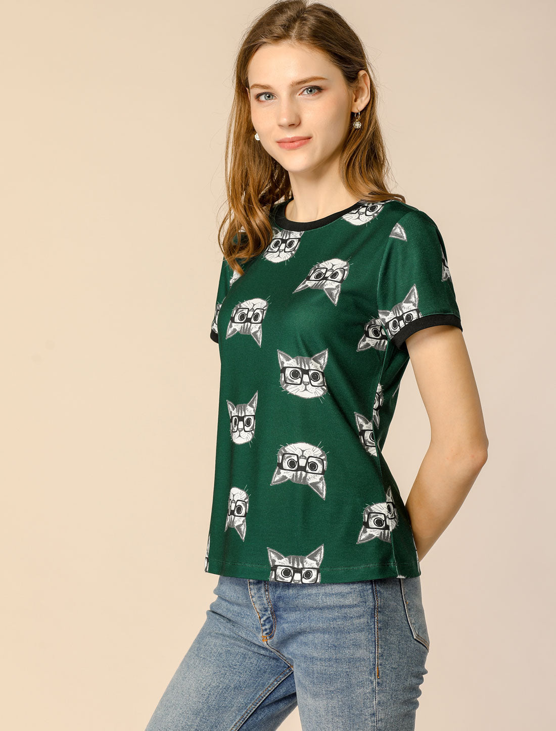 Allegra K Cat Contrast Cartoon Pet Print Tee Ringer Casual Summer T-shirt Tops