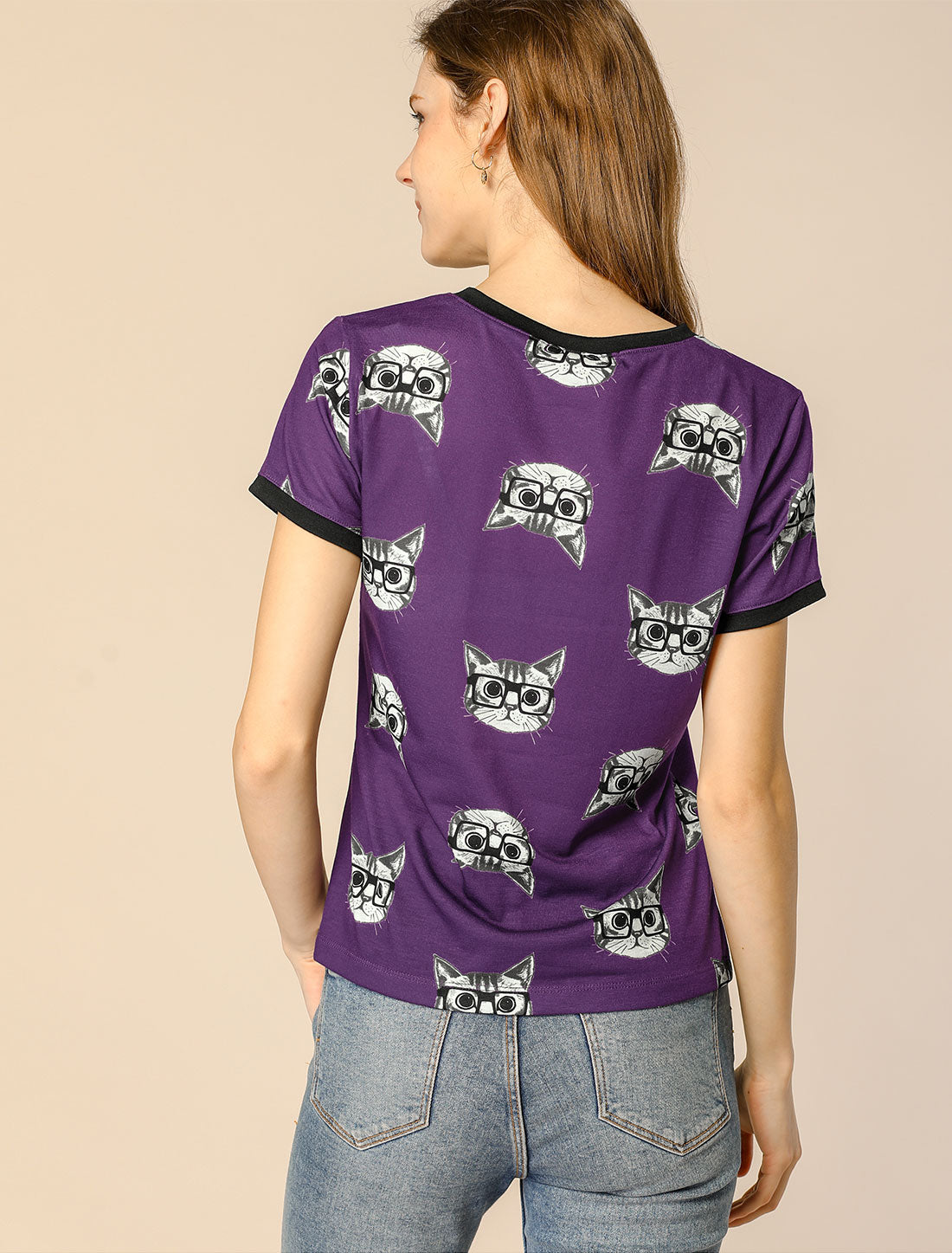 Allegra K Cat Contrast Cartoon Pet Print Tee Ringer Casual Summer T-shirt Tops