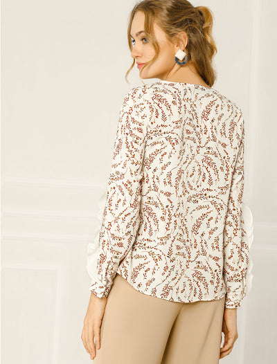 Lace Long Sleeve Keyhole Neck Branch Floral Ruffled Blouse