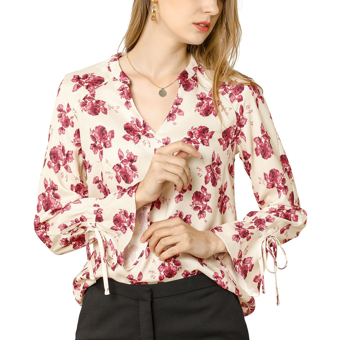 Allegra K Floral Long Sleeve V Neck Print Tie Cuff Chiffon Vintage Blouse