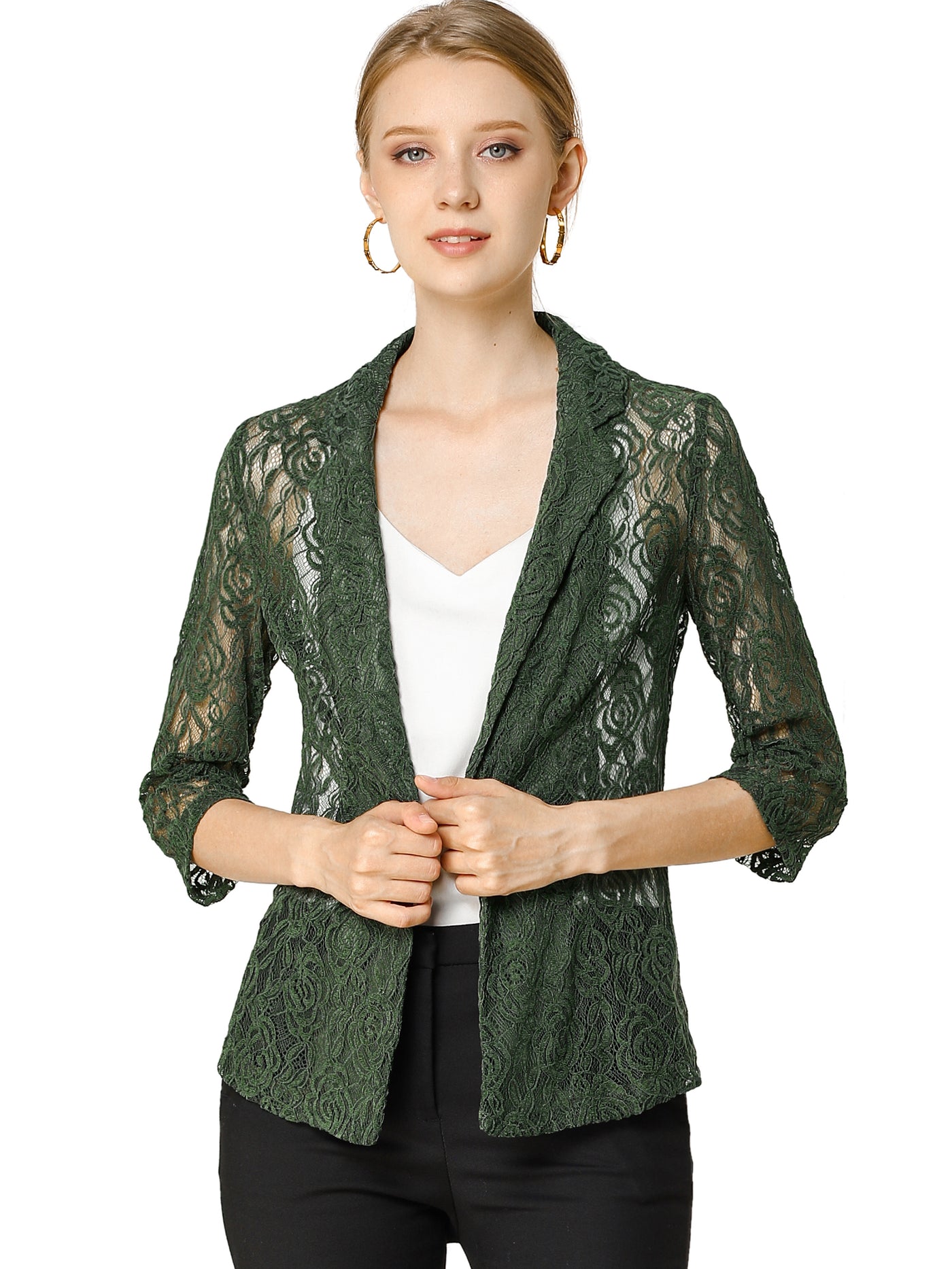 Allegra K Lace Blazer 3/4 Sleeve Notched Lapel One-Button Work Office Cardigan
