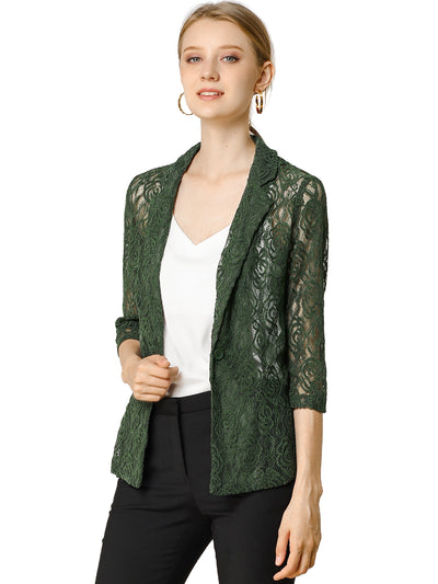 Lace Blazer 3/4 Sleeve Notched Lapel One-Button Work Office Cardigan