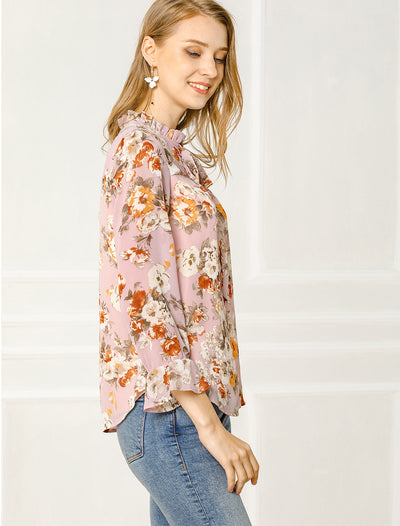 Ruffle Collar 3/4 Sleeve Tie Neck Chiffon Floral Blouse Top