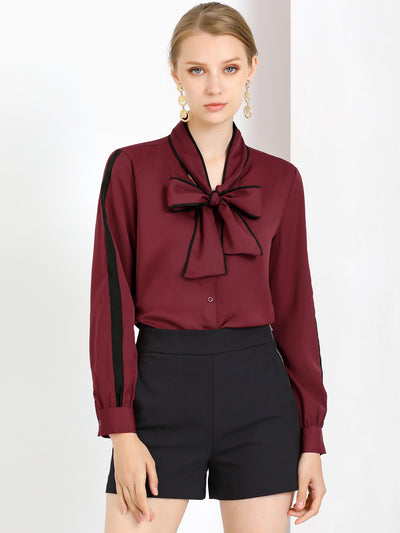 Allegra K Bow Tie Neck Contrast Trim Long Sleeve Elegant Button Down Shirt