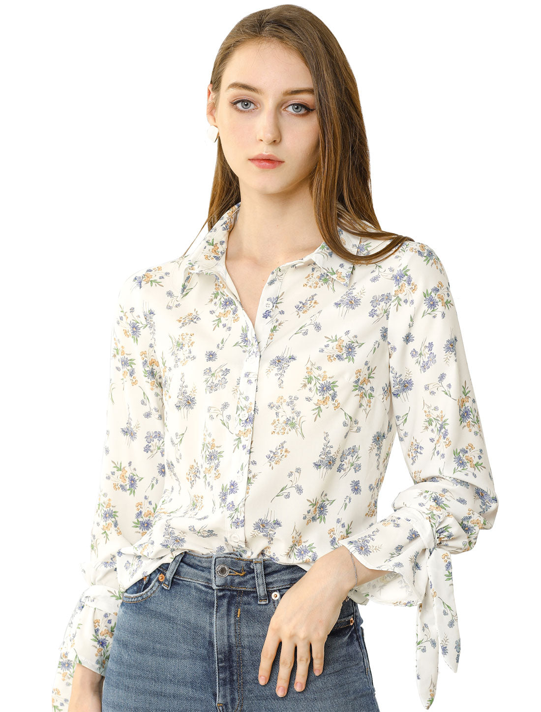 Allegra K Button Down Floral Shirt Long Sleeve Point Collar Top
