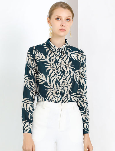 Allegra K Tropical Print Lapel Collar Long Sleeve Elegant Button Down Shirt