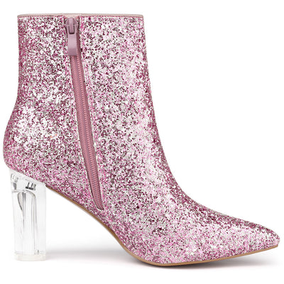 Pointed Toe Clear Block Heel Glitter Ankle Boots