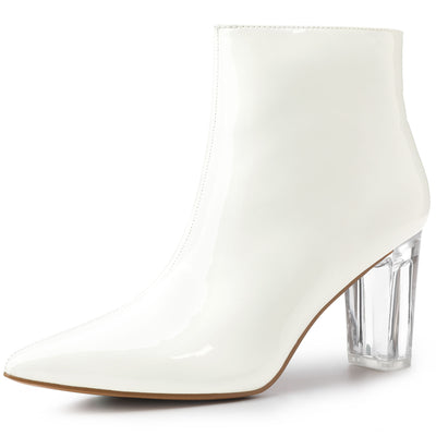 Patent Leather Pointed Toe Clear Chunky Heel Ankle Boots