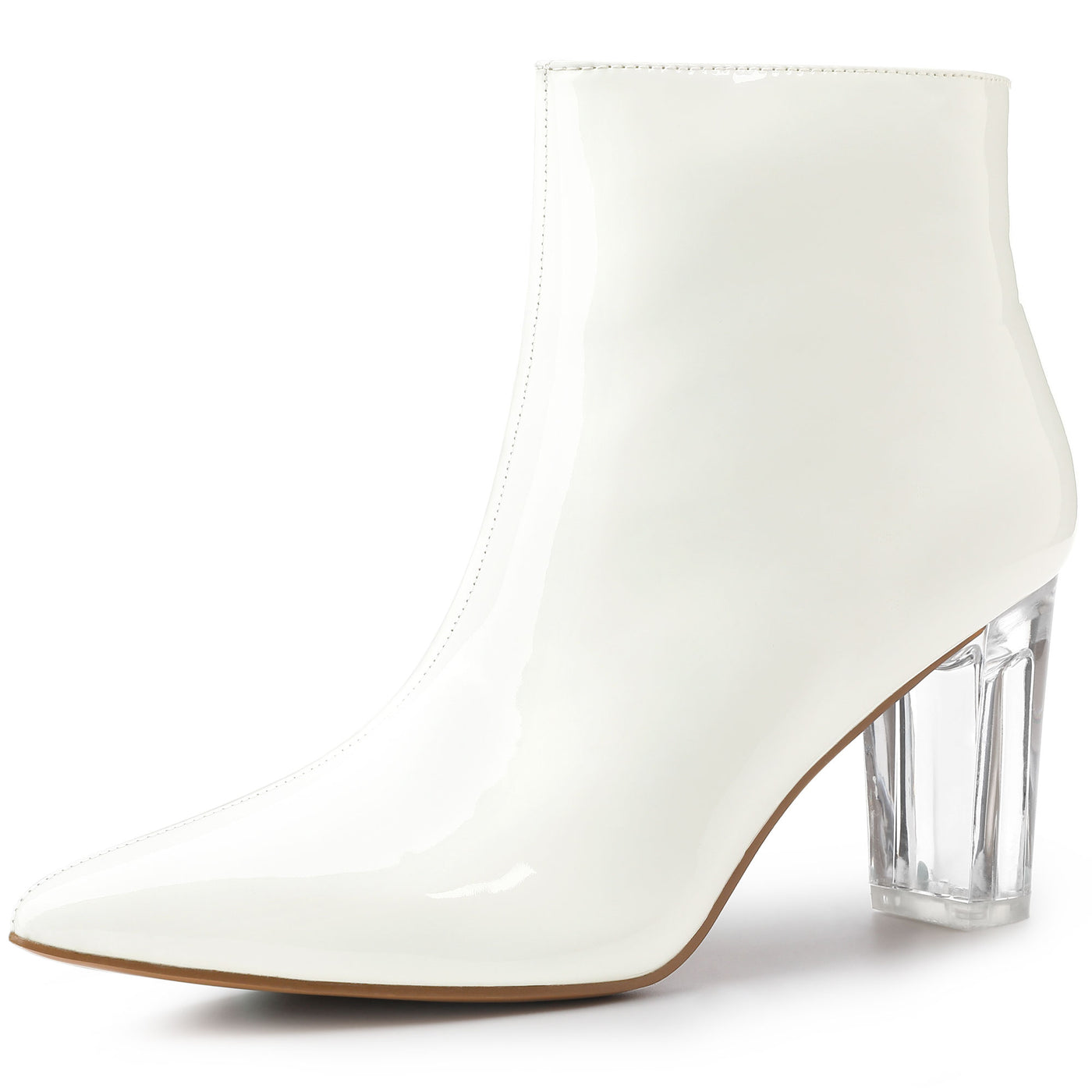 Allegra K Patent Leather Pointed Toe Clear Chunky Heel Ankle Boots