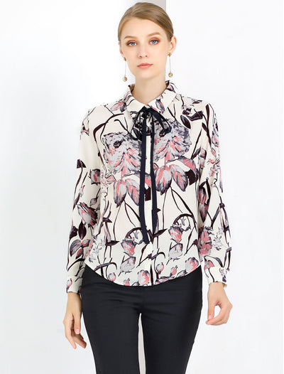 Allegra K Tie Neck Floral Abstract Long Sleeve Office Point Collar Blouse
