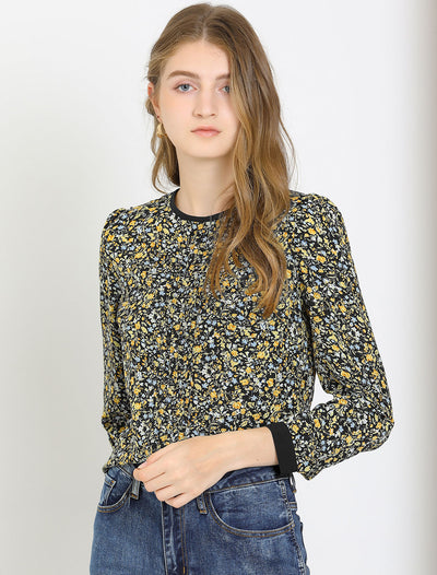 Button Down Back Long Sleeve Pleated Floral Printed Blouse