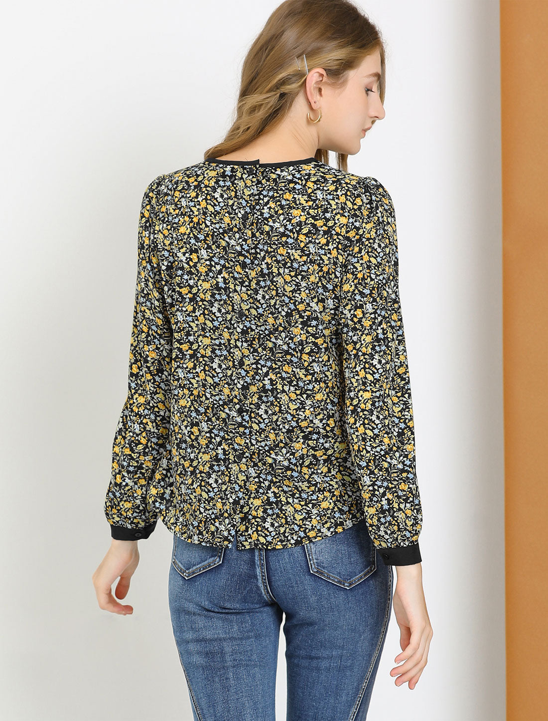 Allegra K Button Down Back Long Sleeve Pleated Floral Printed Blouse