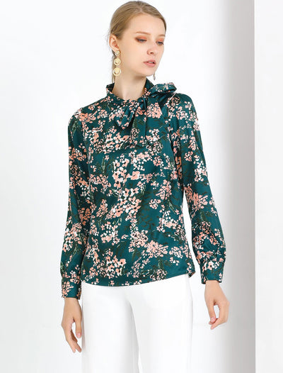 Bow Tie Neck Puff Sleeve Floral Elegant Work Top Blouse
