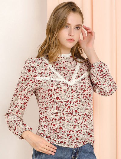 Vintage Lace Trim Stand Collar Long Sleeve Floral Valentine's Day Top