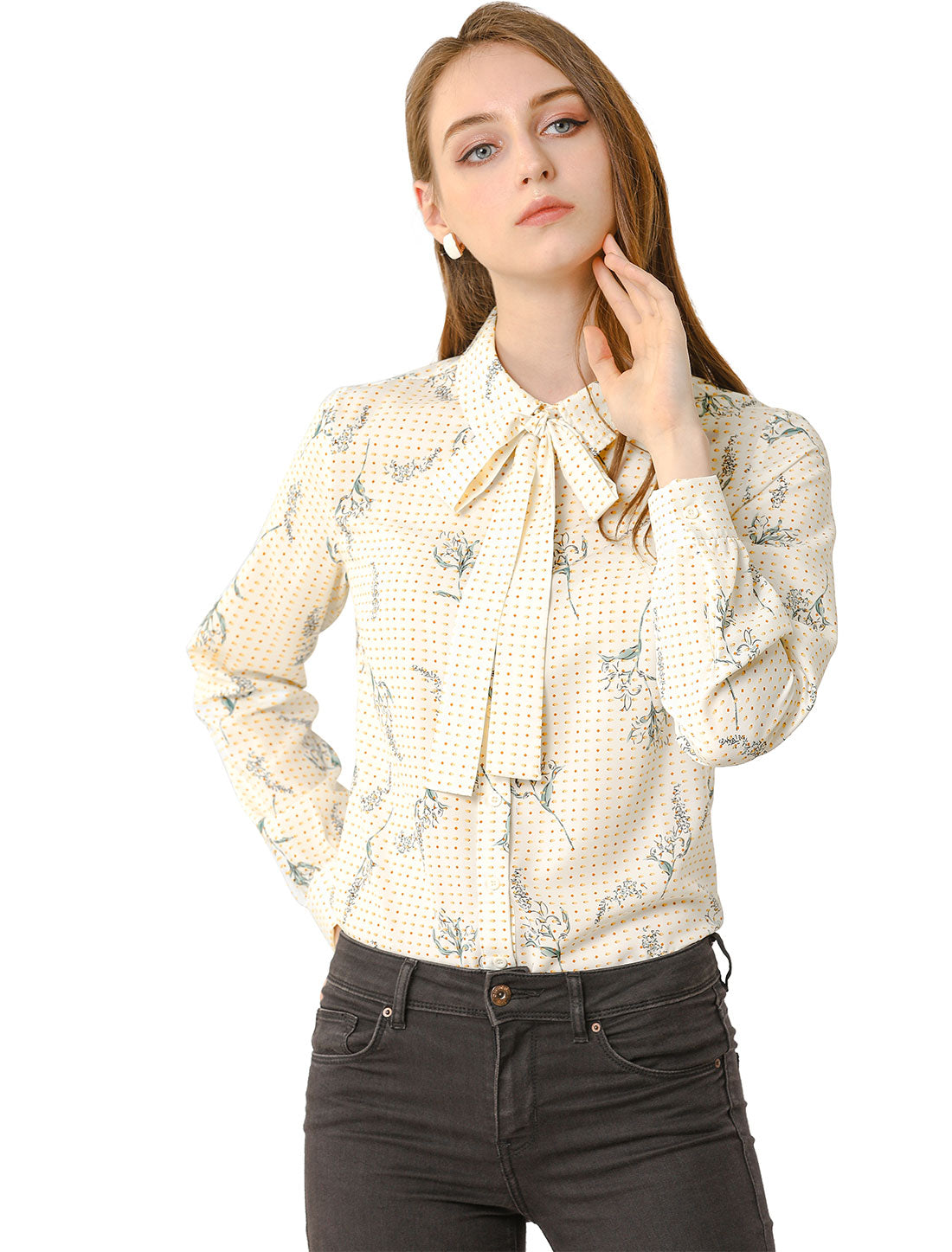 Allegra K Floral Dots Blouse Tie Neck Casual Office Shirt