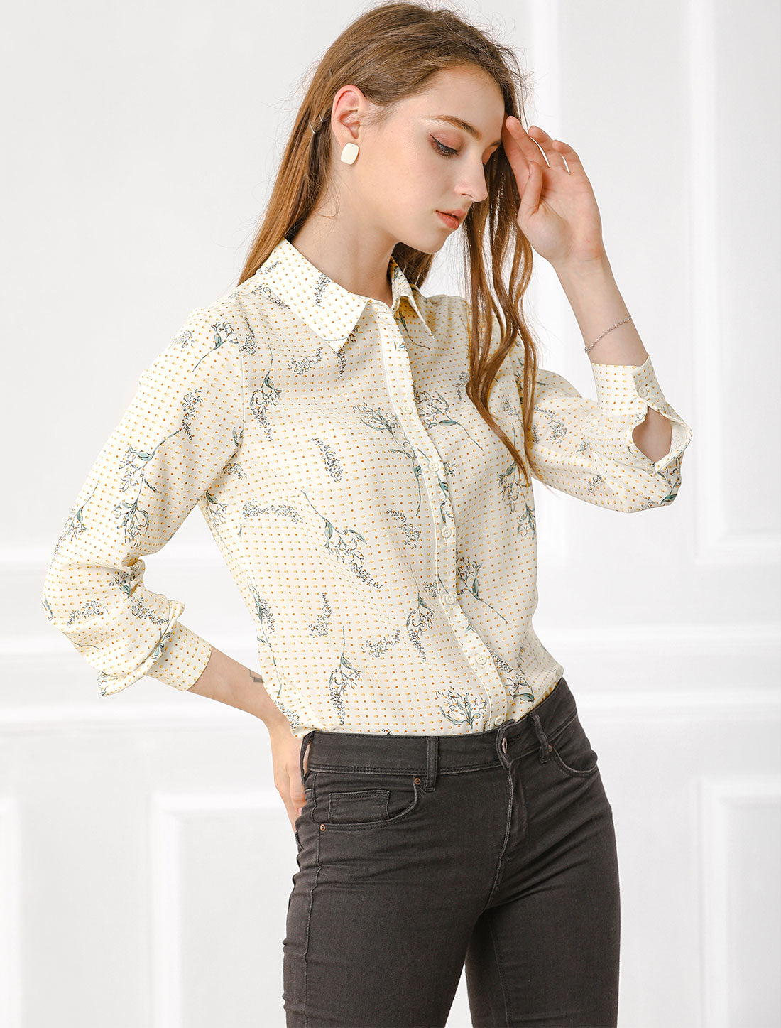 Allegra K Floral Dots Blouse Tie Neck Casual Office Shirt