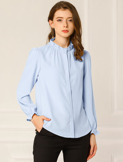 Work Office Blouse Button Up Ruffle Collar Long Sleeve Chiffon Shirt