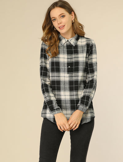 Plaid Shirt Point Collar Roll Up Long Sleeve Tunic Blouse