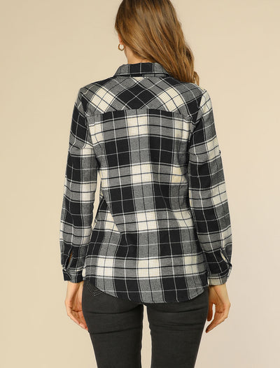 Plaid Shirt Point Collar Roll Up Long Sleeve Tunic Blouse