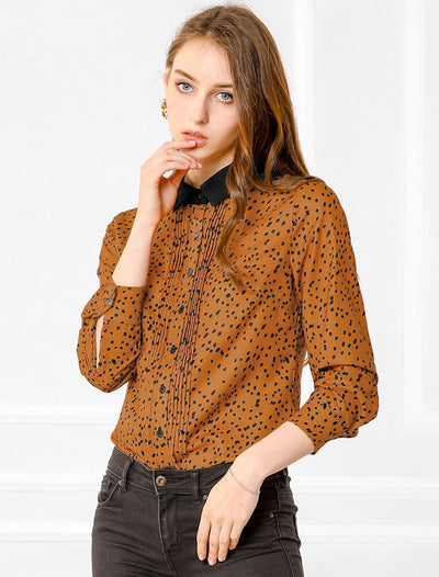 Contrast Collar Dot Printed Long Sleeve Pleated Front Button Shirt
