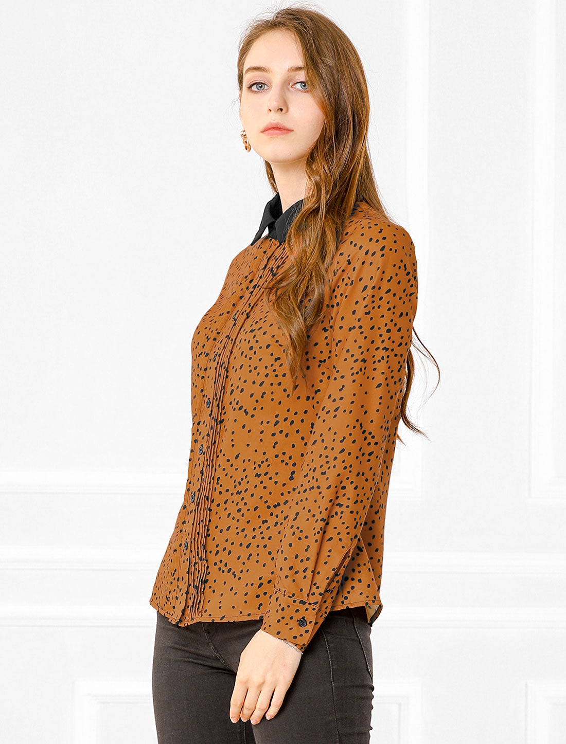 Allegra K Contrast Collar Dot Printed Long Sleeve Pleated Front Button Shirt