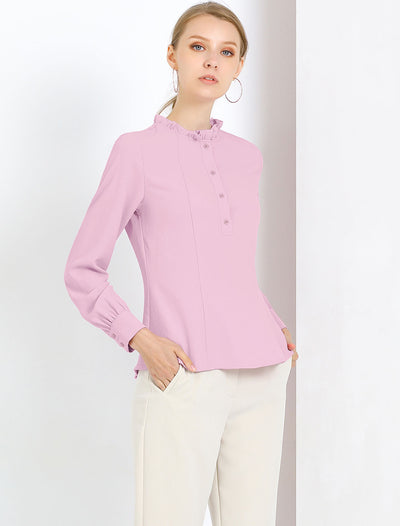 Ruffle Neck Button Up Long Sleeve Sweet Blouse Solid Work Top