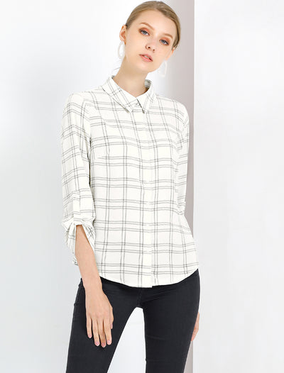 Allegra K Roll Up Sleeve Collared Button Up Plaid Office Shirt