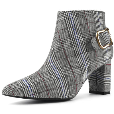 Plaid Pointed Toe Chunky Heel Ankle Boots