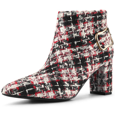 Plaid Pointed Toe Chunky Heel Ankle Boots