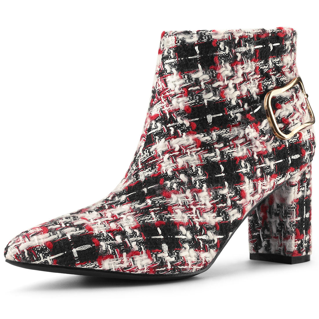 Allegra K Plaid Pointed Toe Chunky Heel Ankle Boots